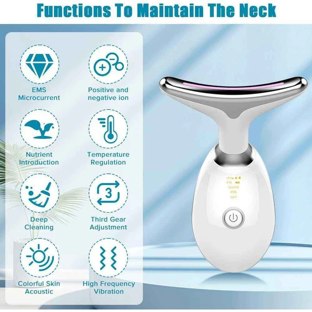 Ultrasonic Face Neck Massager LED Photon Therapy Anti Wrinkle Skin Tightening Wa
