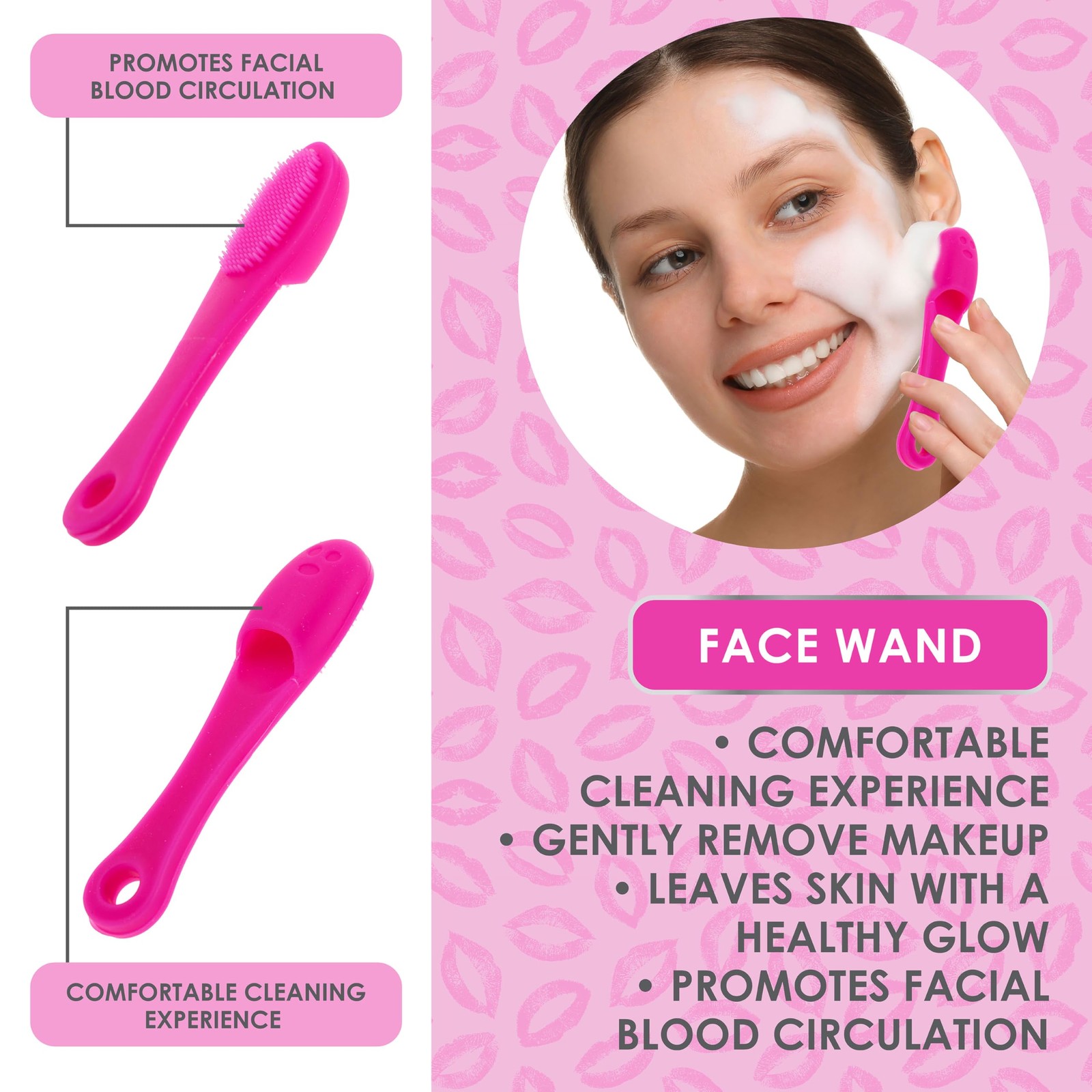 3pc Silicone Facial Cleaner Kit – Face Wand Lip Scrubber Pore Pink