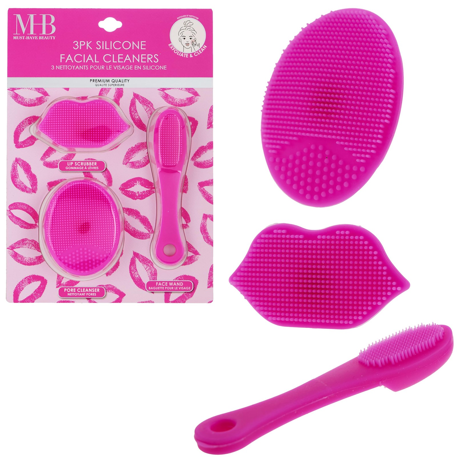 3pc Silicone Facial Cleaner Kit – Face Wand Lip Scrubber Pore Pink