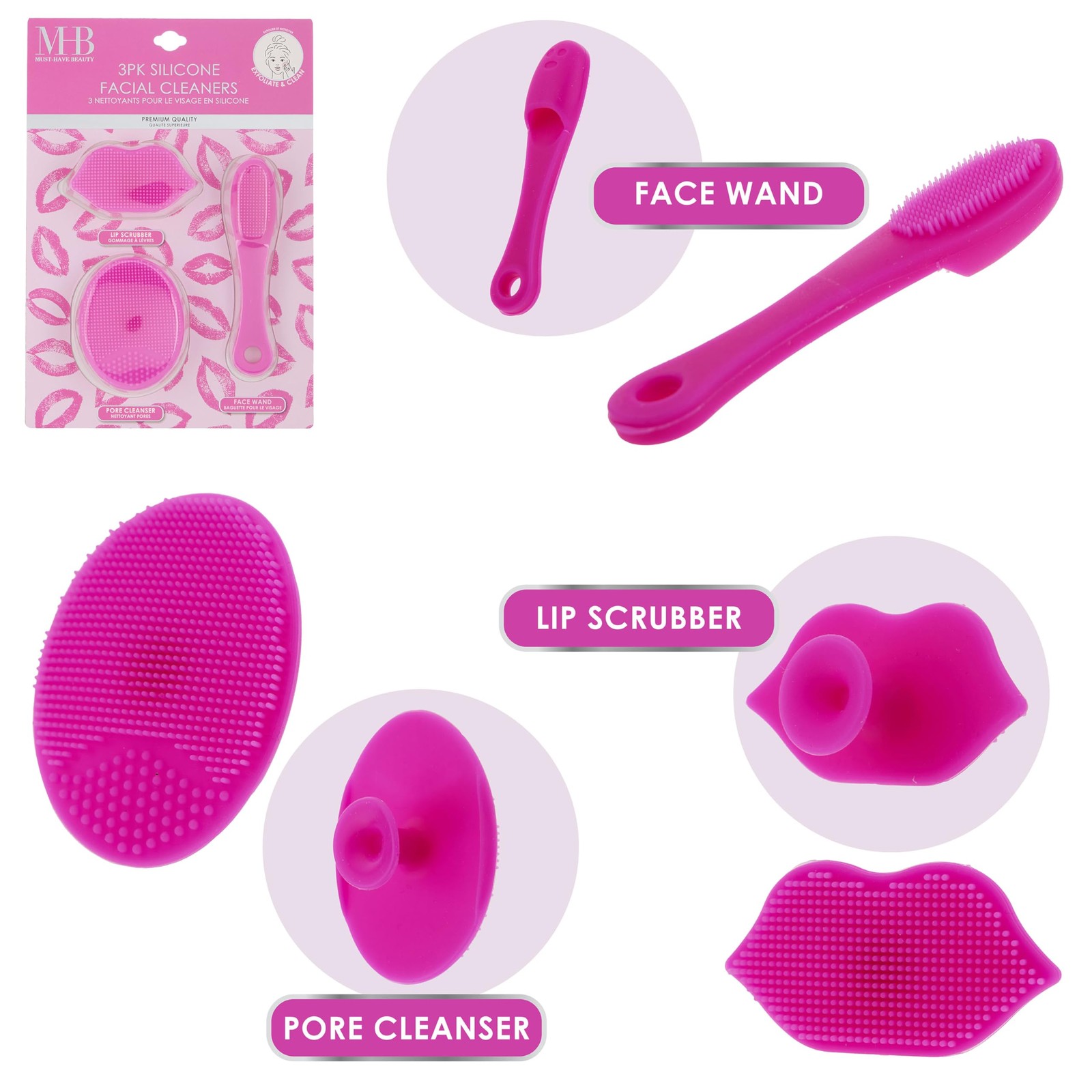 3pc Silicone Facial Cleaner Kit – Face Wand Lip Scrubber Pore Pink