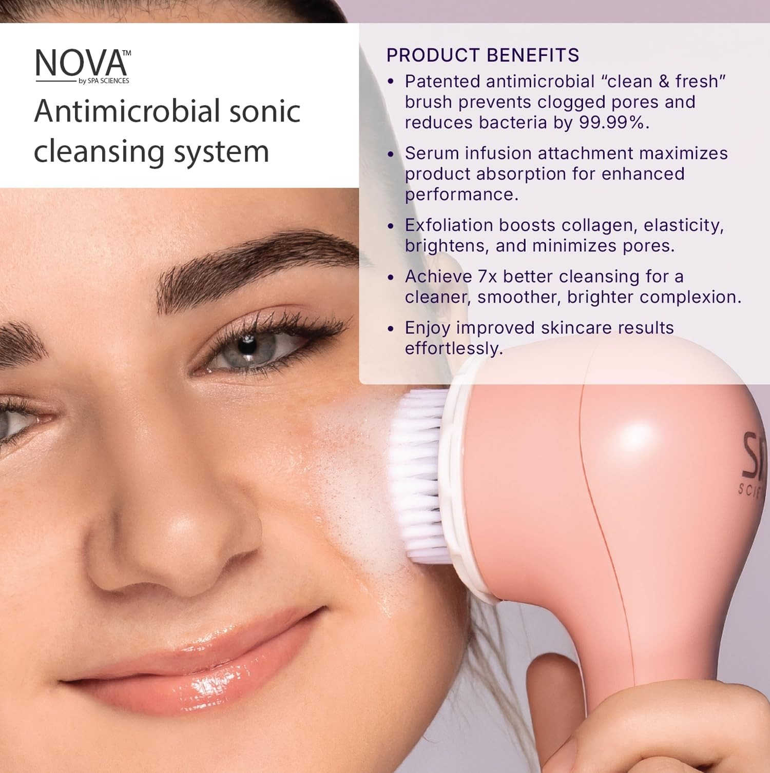 Spa Sciences – NOVA – Sonic Cleansing Brush with Bristles & 4 Piece Set, Pink