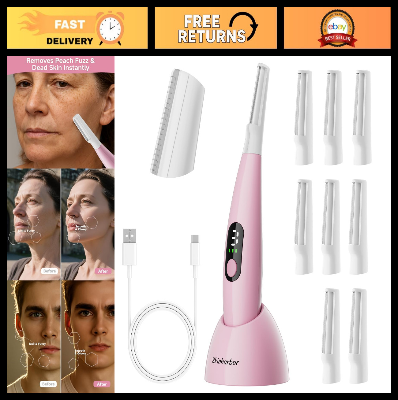 Women’s Sonic Dermaplane Razor – Facial Exfoliation, Peach Fuzz Removal, 3 Speed