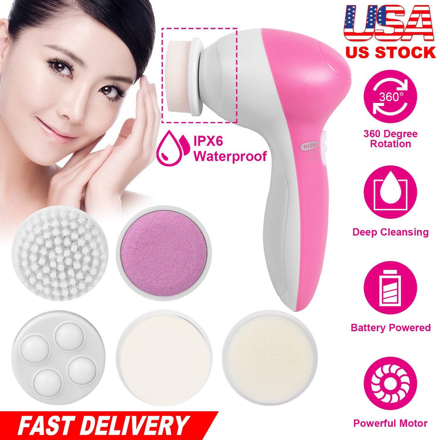 Facial Cleansing Brush Waterproof Face Spin Cleaning Brush with 5 Brush Heads De