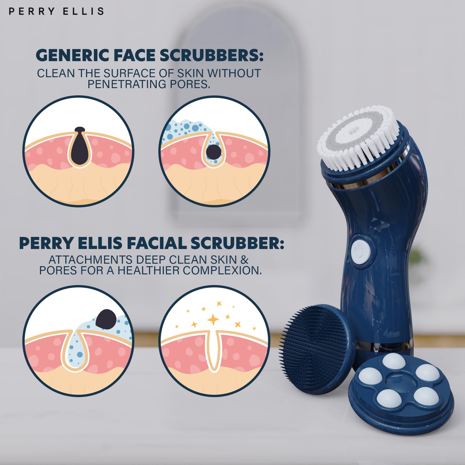 Perry Ellis 4-in-1 Cordless Massage and Cleansing Set with 4 Brush Heads, Exf…