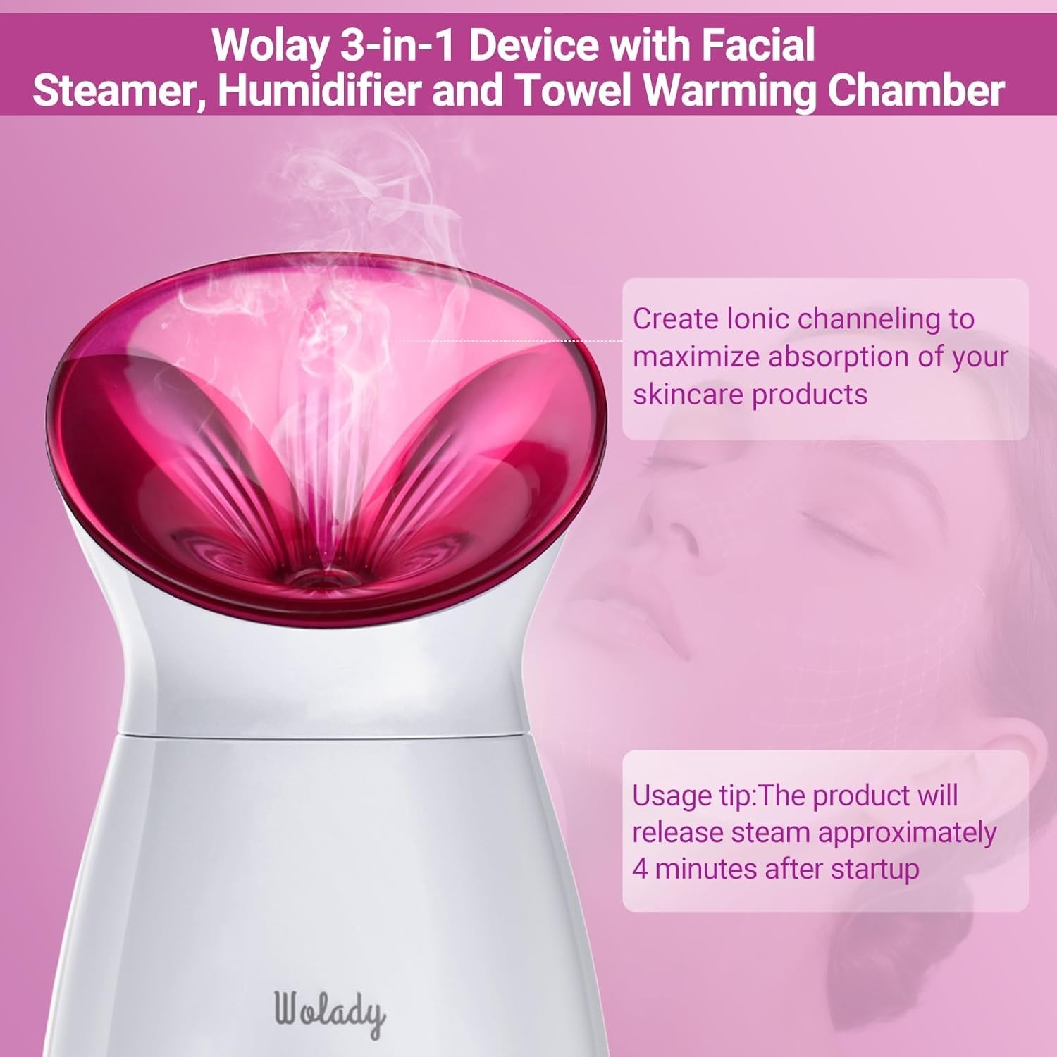 LARGE 3-IN-1 FACIAL STEAMER WITH SKIN CARE TOOLS – PINK