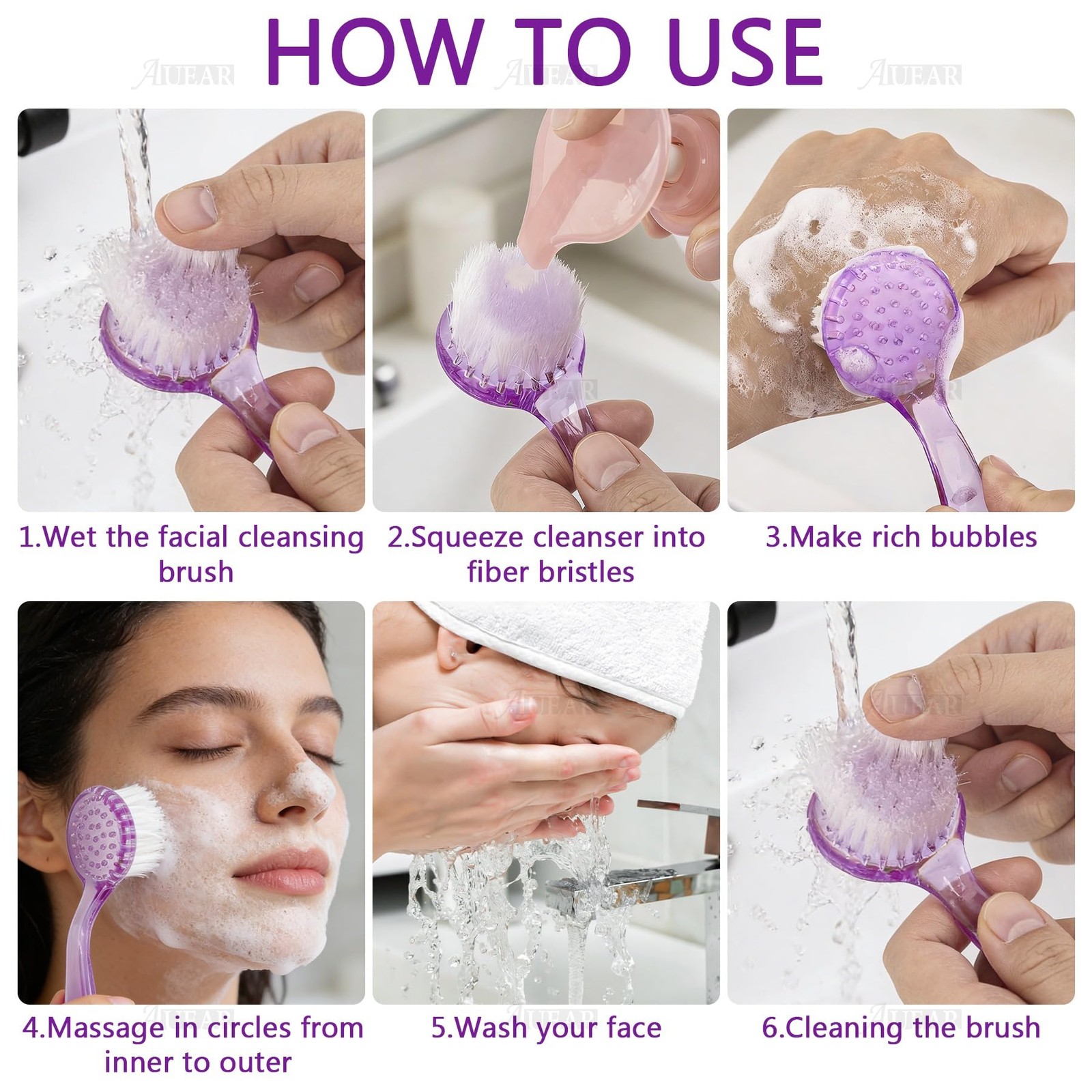 AUEAR, 4 Pack Face Brush for Cleansing and Facial Cleaning Blue, Pink, Purple