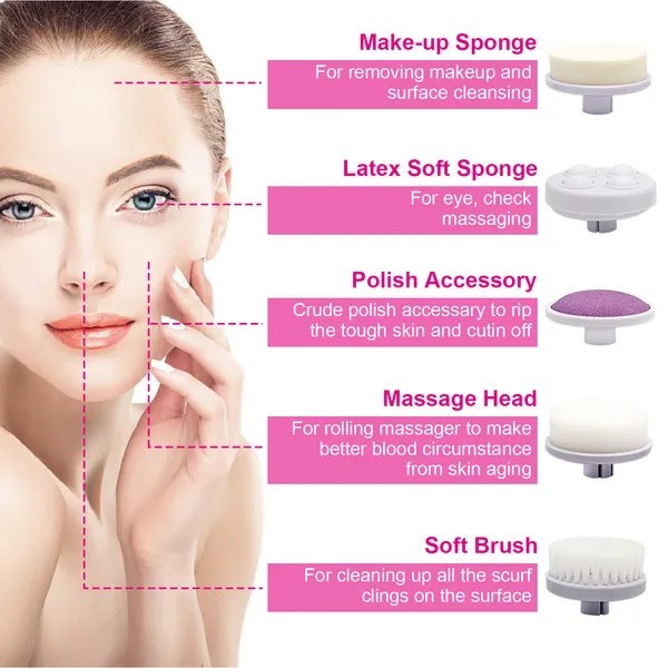 Electric Facial Cleansing Brush Waterproof Spin Face Cleaner 5 Heads Skin Care