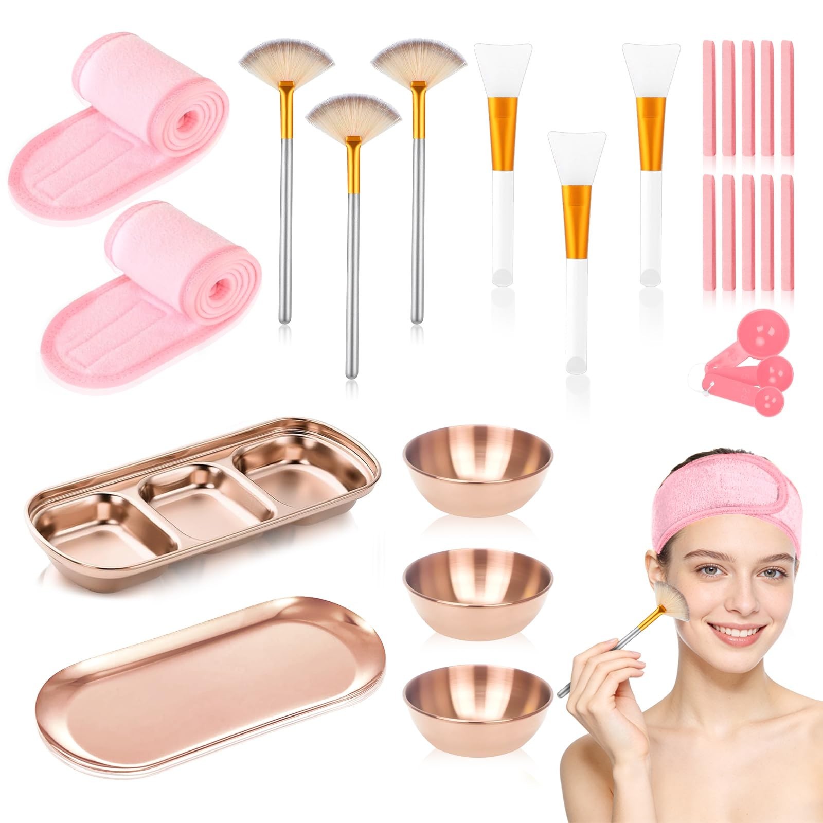 28 Rose Gold Facial Supplies Set – Mixing Bowls, Brushes, Spoons, Sponges & Tray
