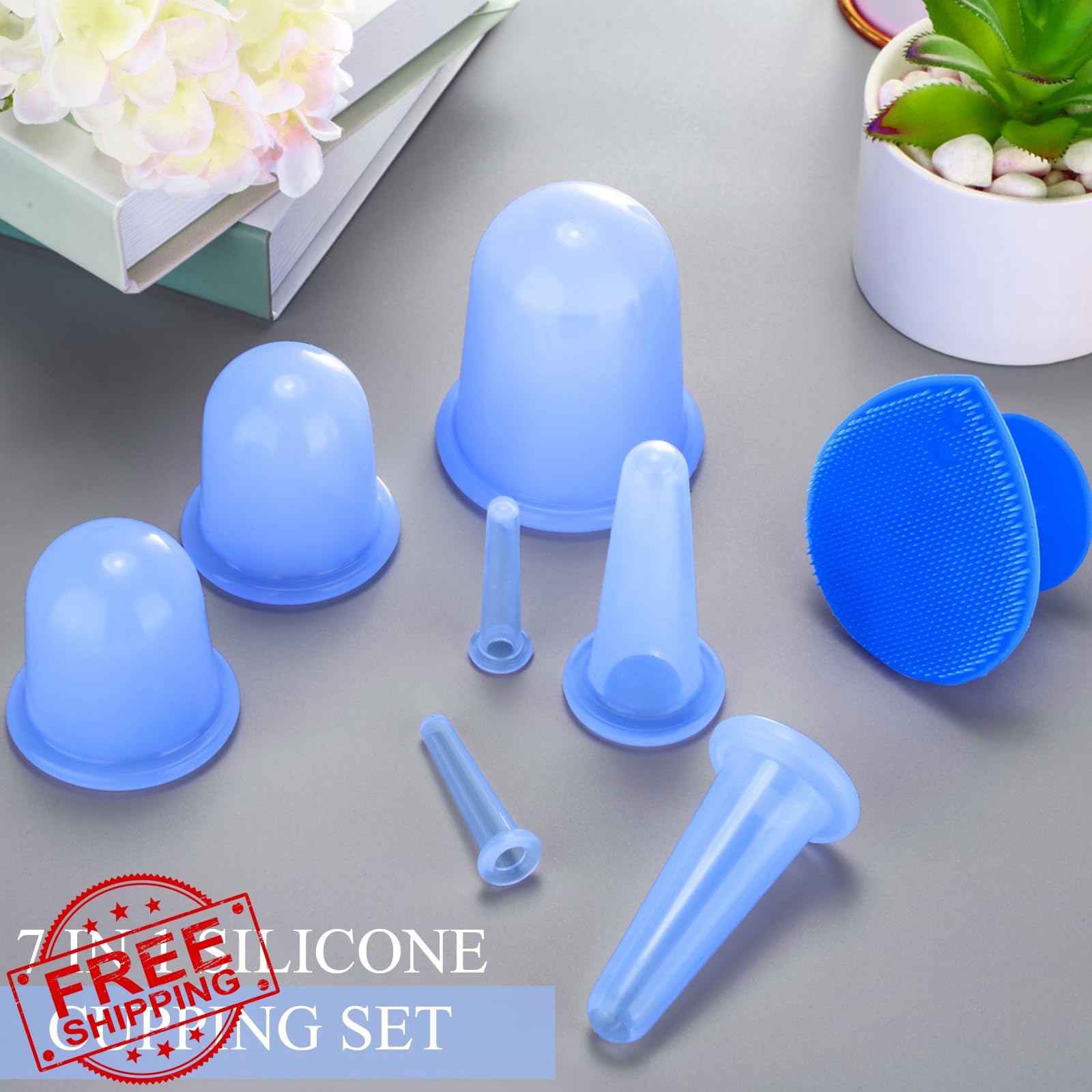 BBTO Blue Silicone Facial Cupping Set 6 Cups Brush