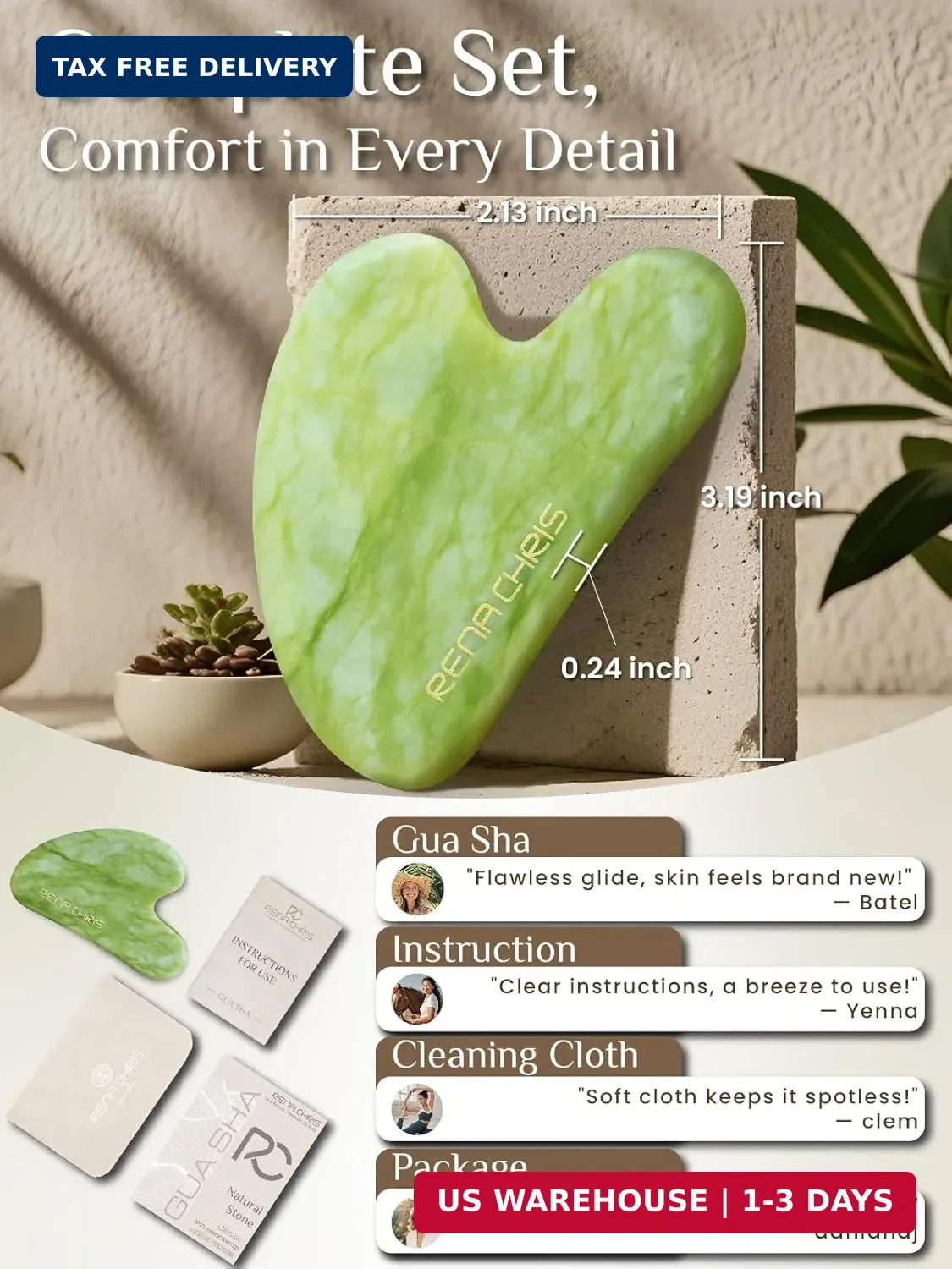 Rena Chris Gua Sha Facial Tools: Natural Jade Stone Guasha Tool for Face Acupunc