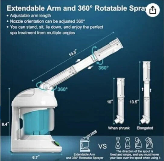 Facial Steamer – DENFANY Nano Ionic Extendable 360° Rotating Arm – Portable