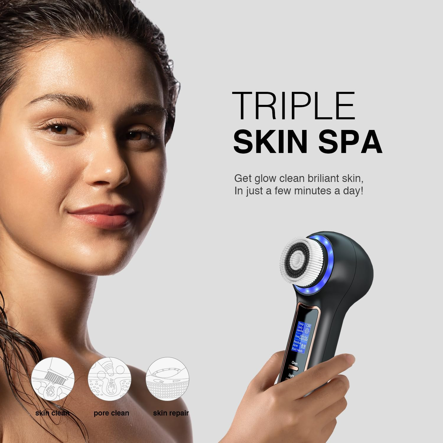 Electric Facial Cleansing Brush with LCD Screen, 3-In-1 Face Scrubber & Optional