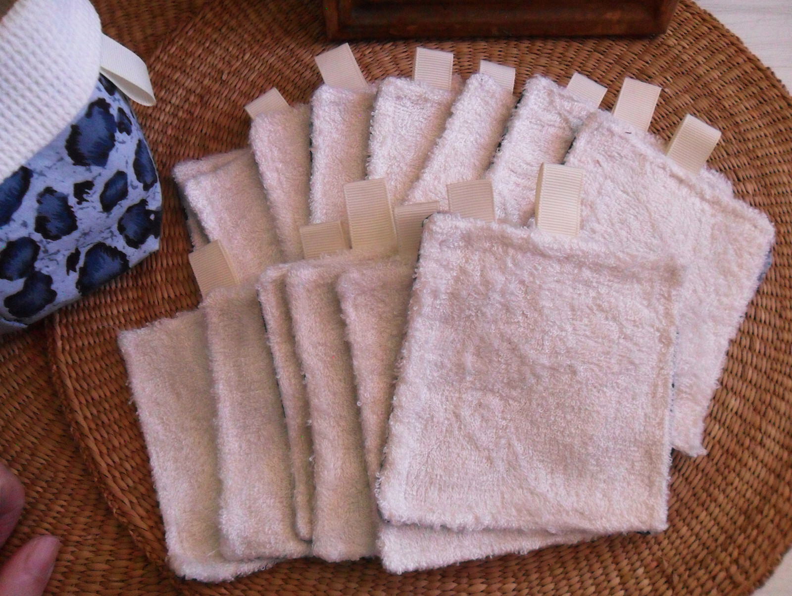 Handmade Reusable MAKEUP Removal PADS in Basket, Blue Leopard Print, Terry Cloth