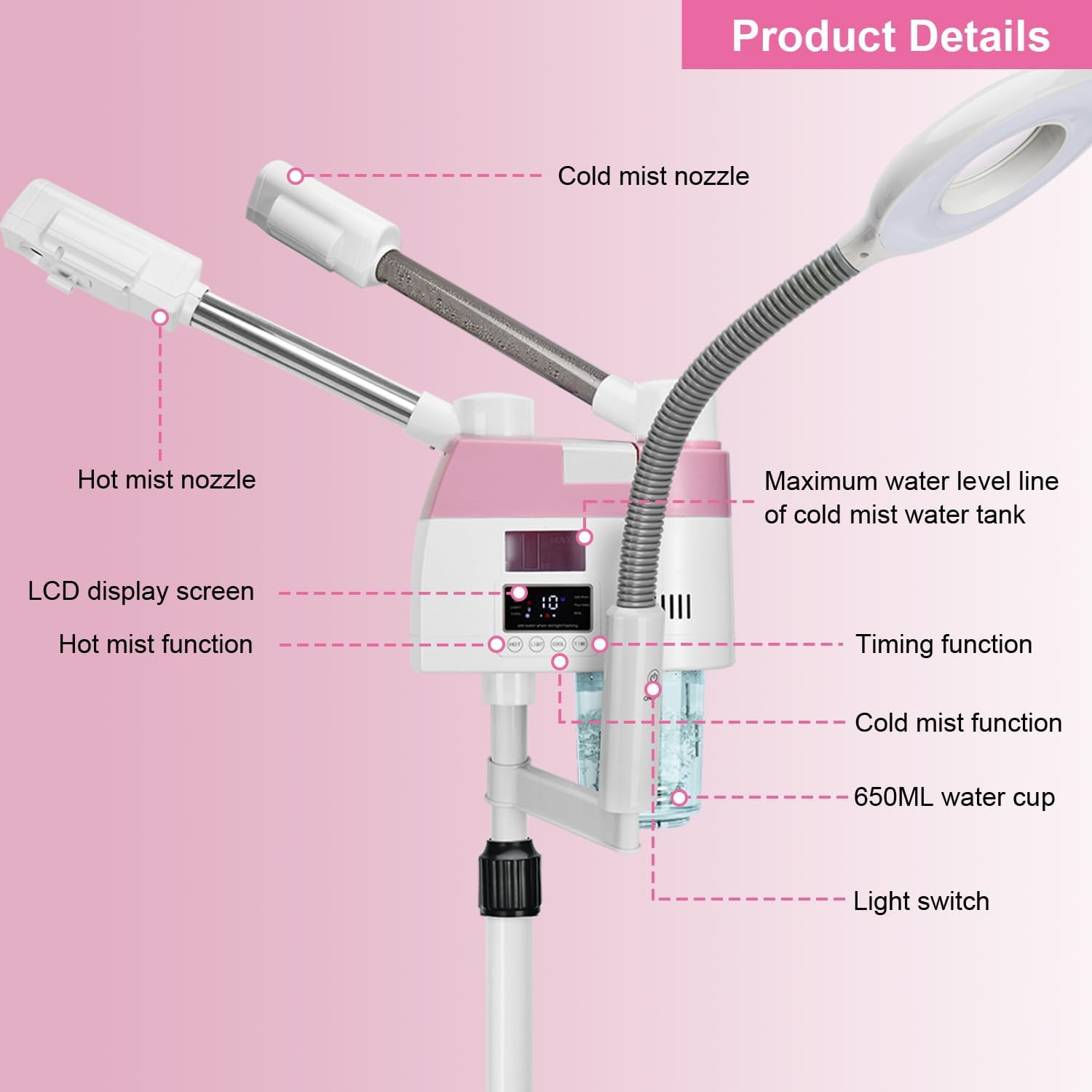 Professional Facial Steamer, 3 in 1 Facial Steamer with 5X Magnifying Lamp Hot&C