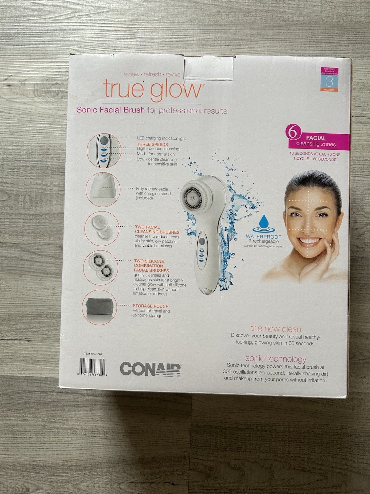 Conair TRUE GLOW SONIC FACIAL BRUSH, Waterproof, 4 Facial Brushes + Pouch | NIB