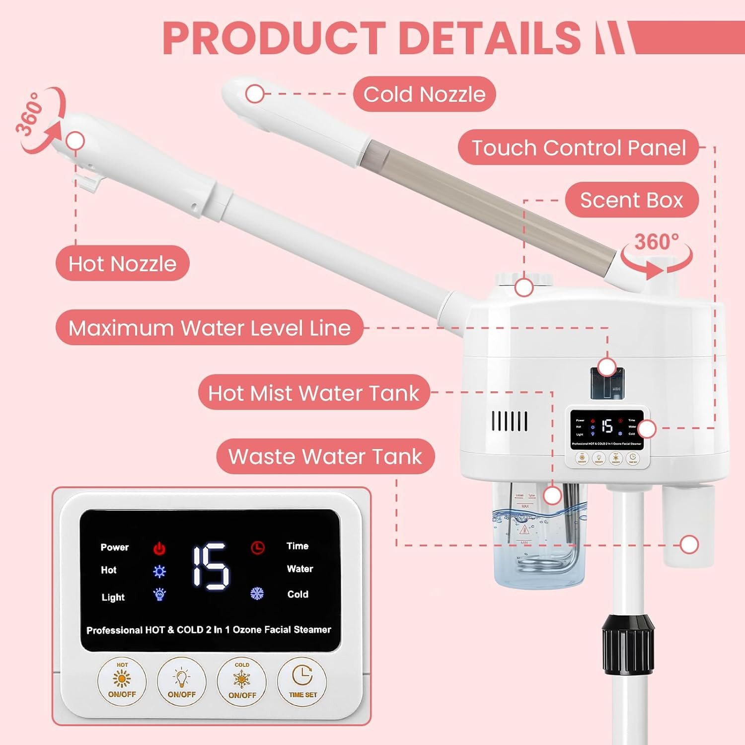 Professional Facial Steamer, 2 in 1 Facial Steamer with Hot&Cold Nozzle, Estheti