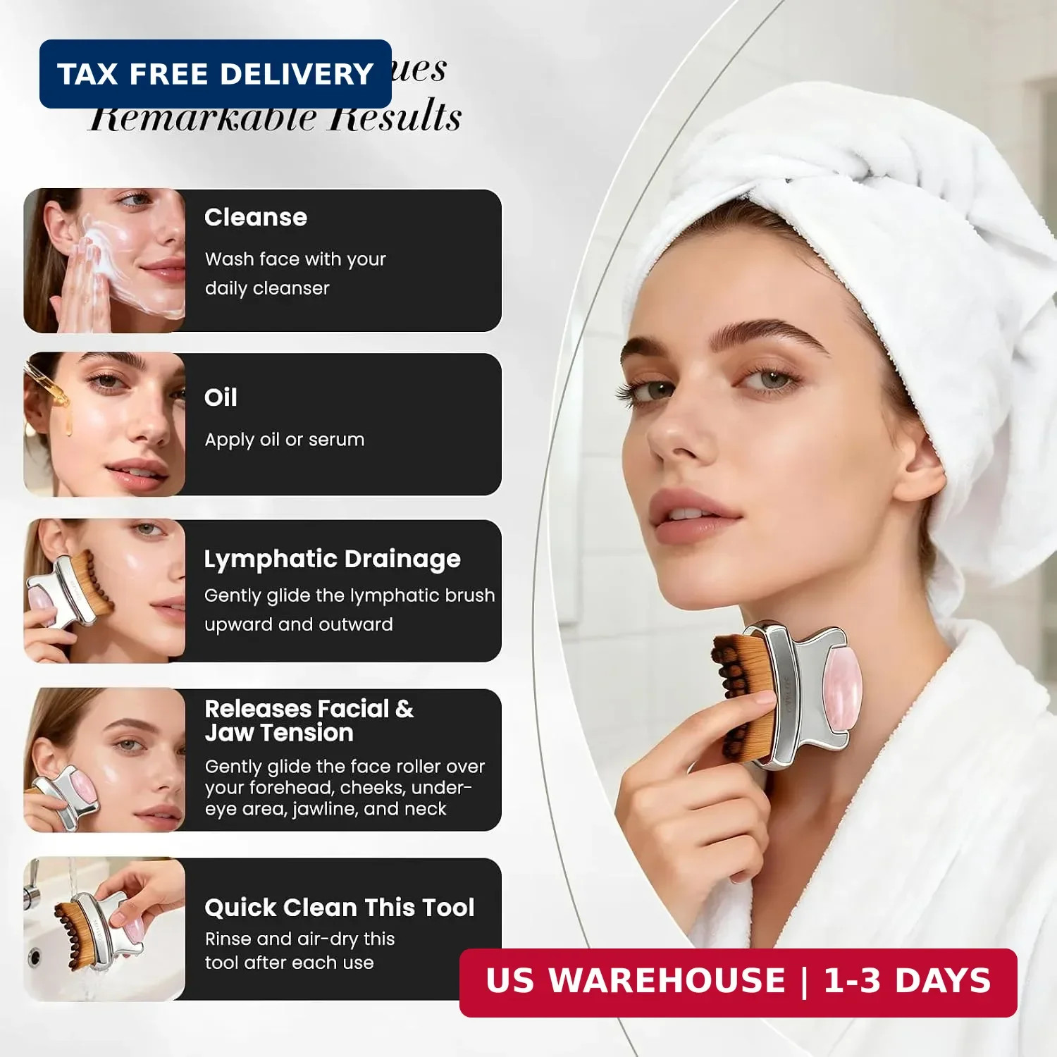 Lymphatic Contour Face Brush and Rose Quartz Roller – 2-in-1 Facial Lymphatic Dr