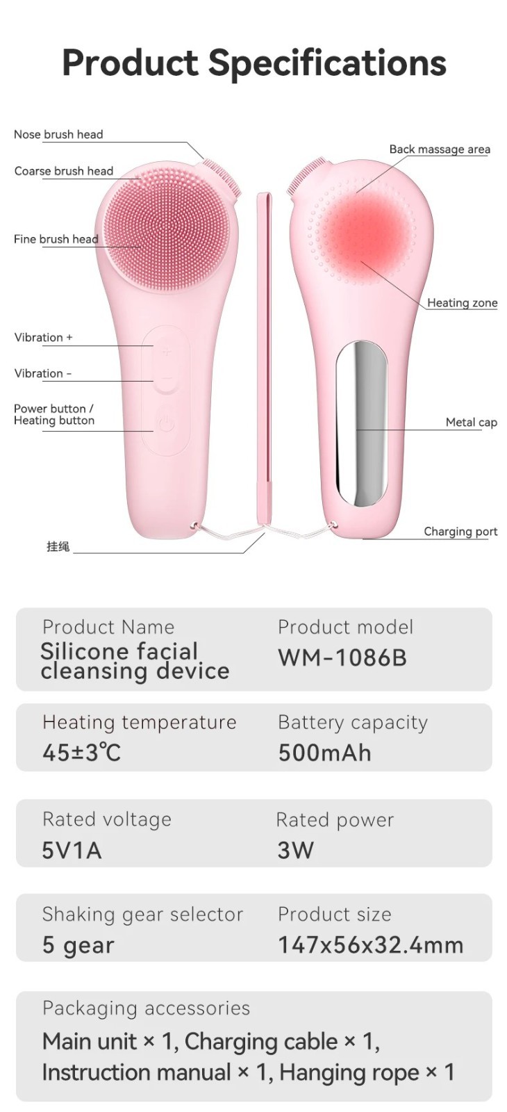 Electric Facial Cleansing Brush Waterproof Face Scrubber with 5 Brush Heads