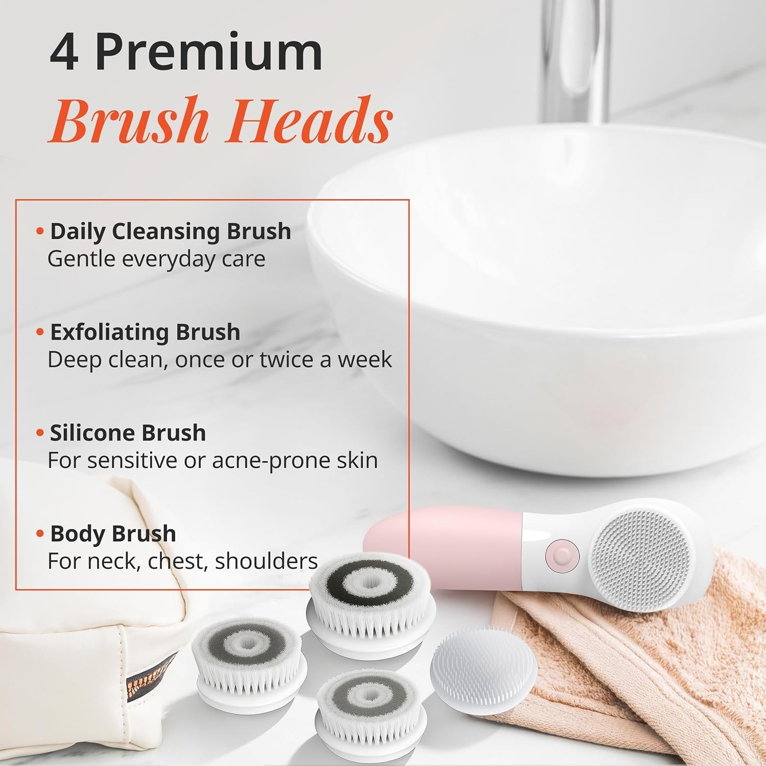 Electric Facial Cleansing Brush Waterproof with 4 Exfoliating Brush Heads