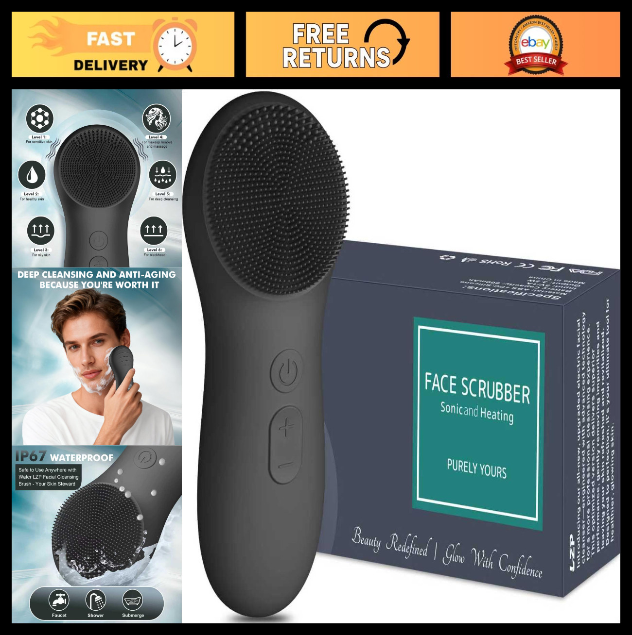 Electric Facial Cleansing Brush – Silicone Face Scrubber, 6 Speed Vibration, Wat