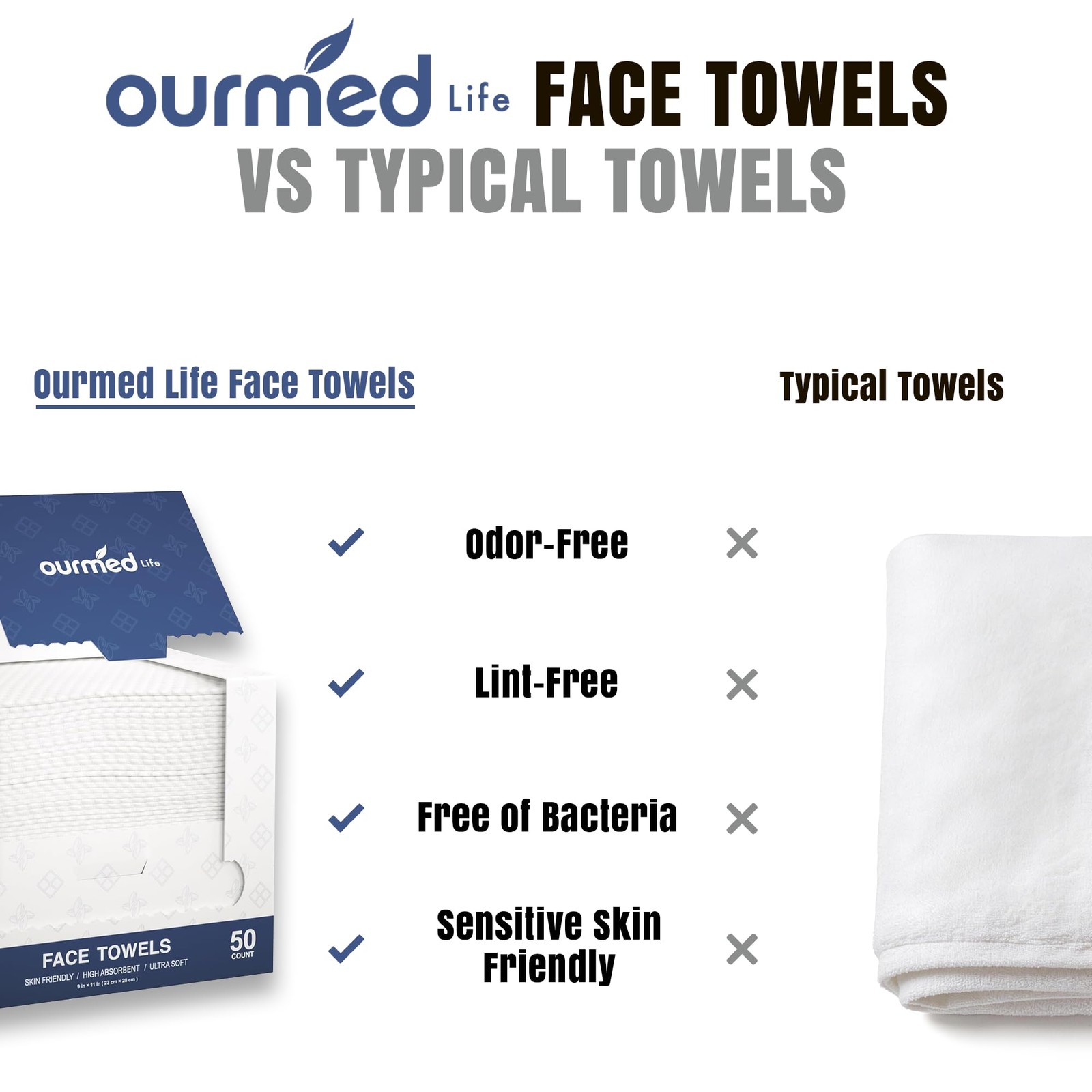 Ourmed Life Face Towels, 11″×9″ Disposable Towel – 50 Count (Pack of 1)