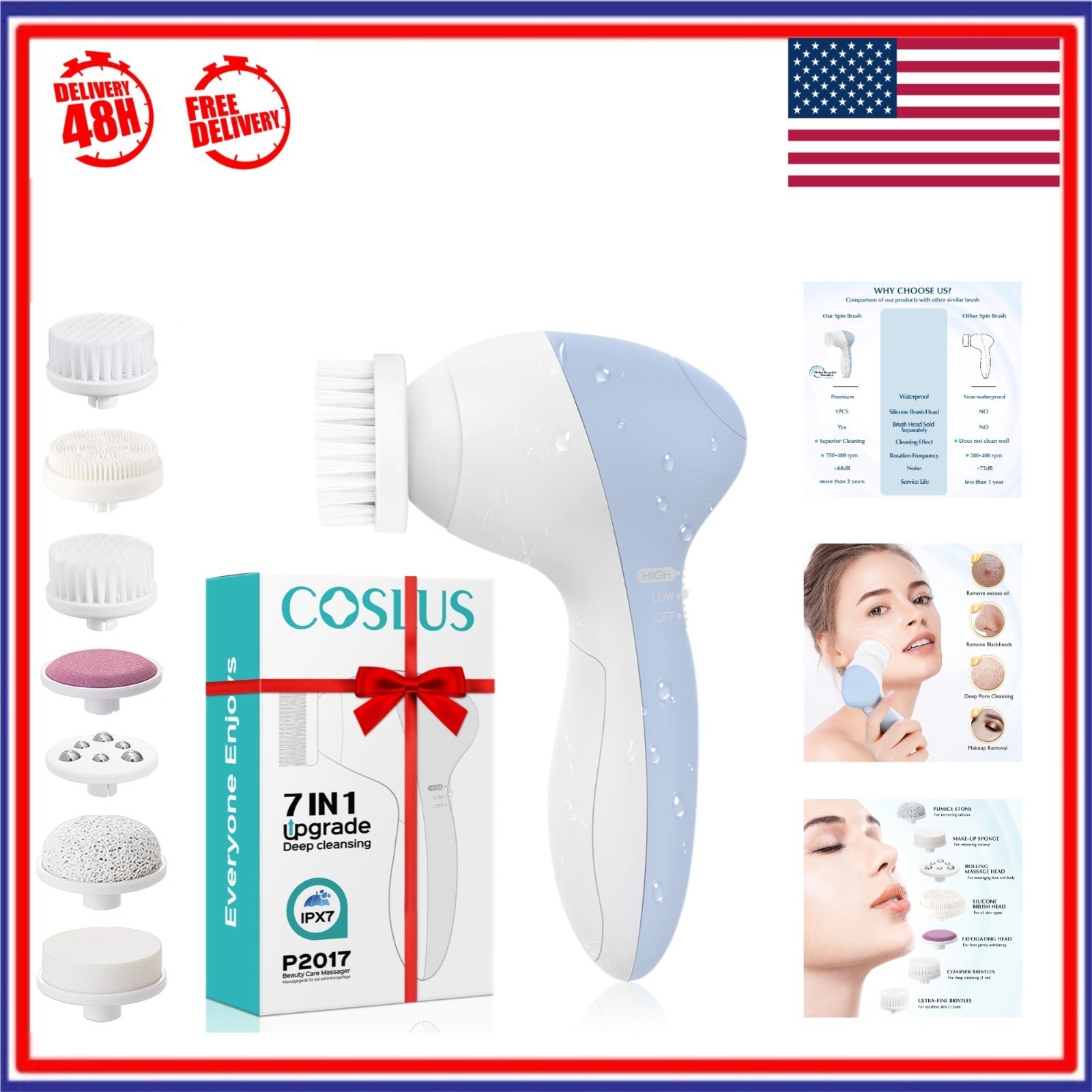 COSLUS Facial Cleansing Brush 7-in-1 Waterproof Electric Exfoliator