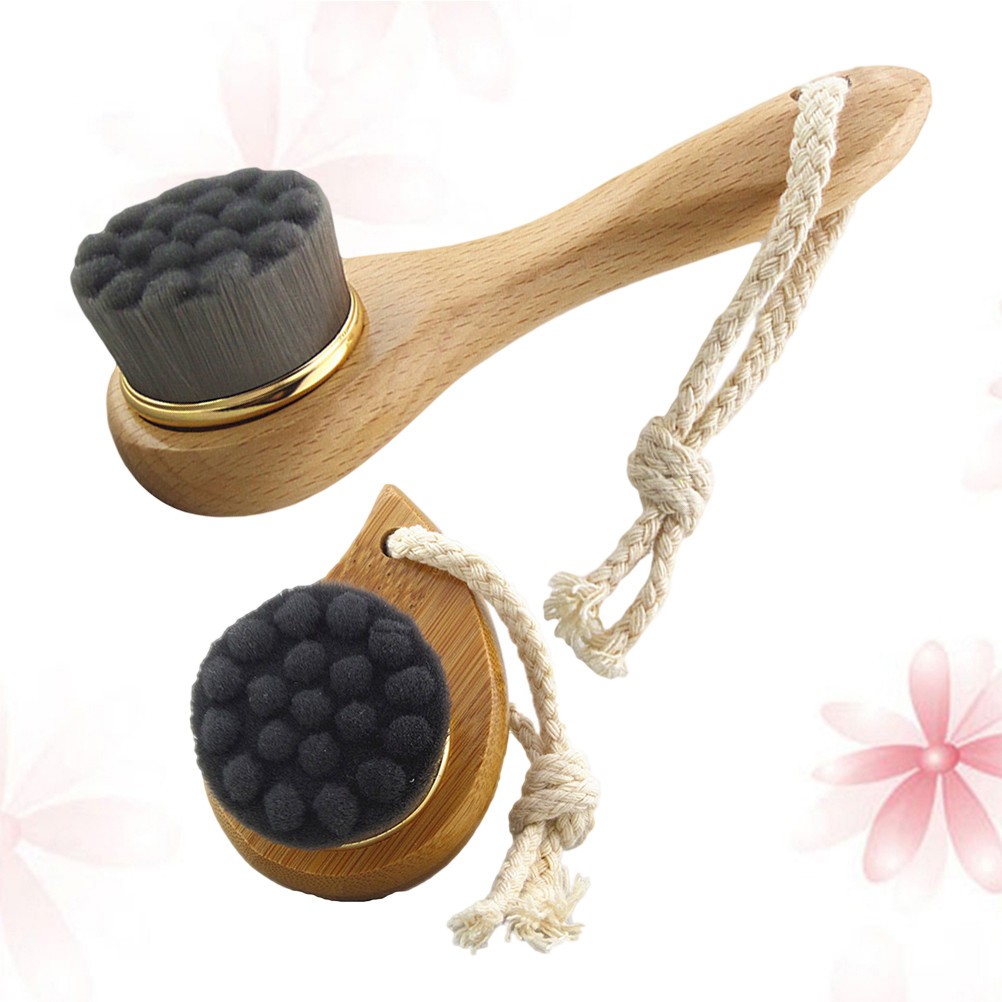 2Pcs Bamboo Facial Brush Set Reusable Skin Cleaning Ergonomic Handle Multi Color