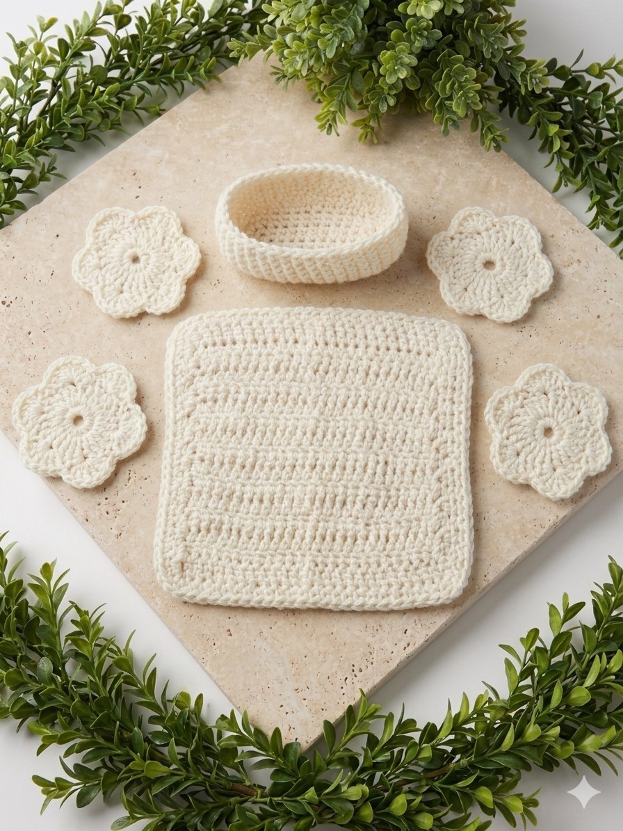 Handmade Crochet Spa Set: Reusable Face Scrubbies, Washcloth & Basket Holder