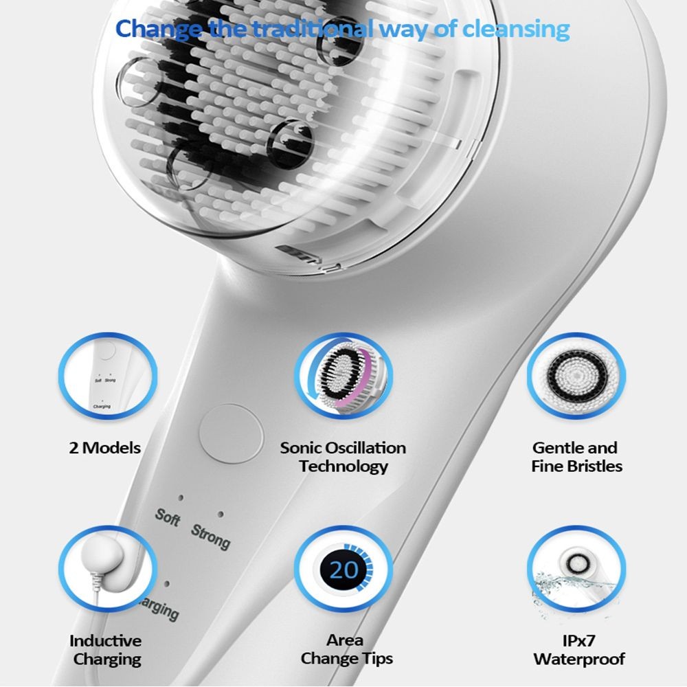 Facial Cleansing Brush, Sonic Facial Brush with 3 Brush Heads for Daily Skin Car