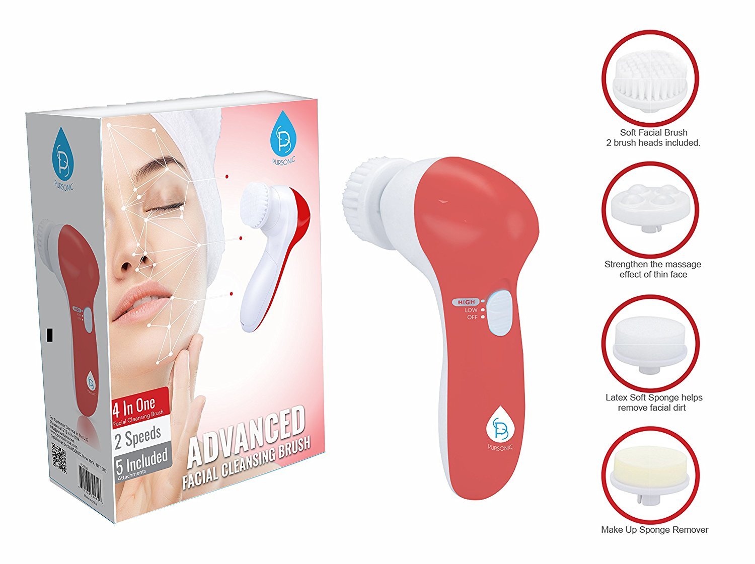 Pursonic 5-in-1 Portable Facial Cleansing Brush and Massager Combo Kit