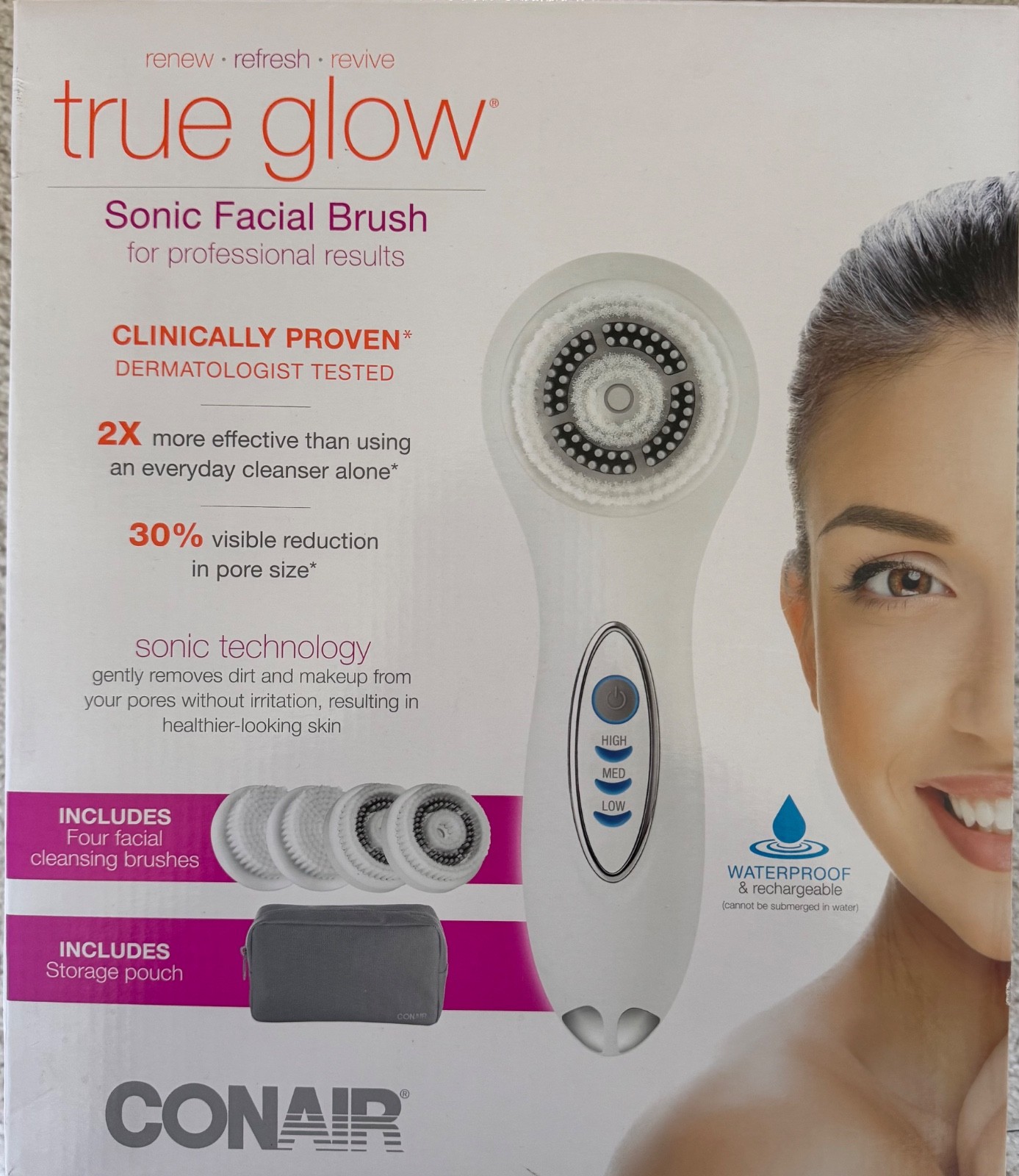 Conair True Glow Sonic Vibration Face Cleansing Brush with UV Sterilizer ~