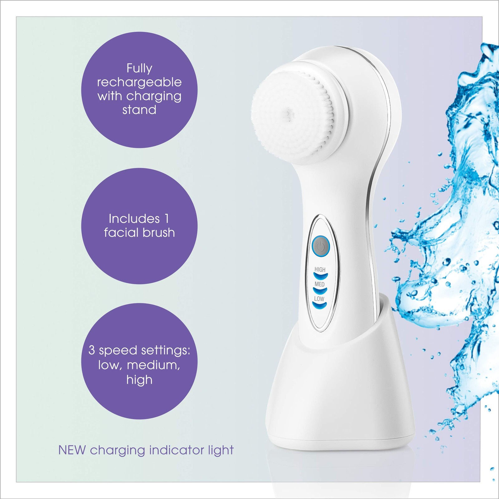 Conair True Glow Sonic Facial Cleansing Brush Waterproof 3 Speed Rechargeable