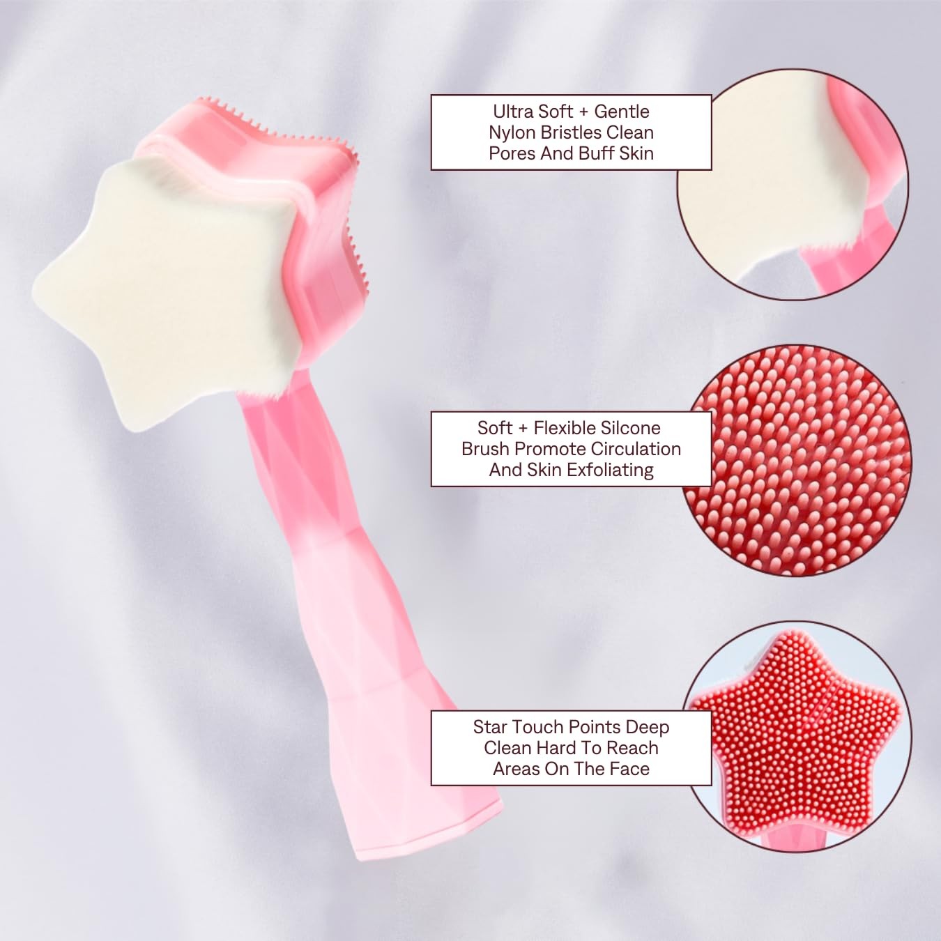 No Mo-Stache All Star Face Brush -Manual Facial Cleansing Brush, 2-in-1 Pink