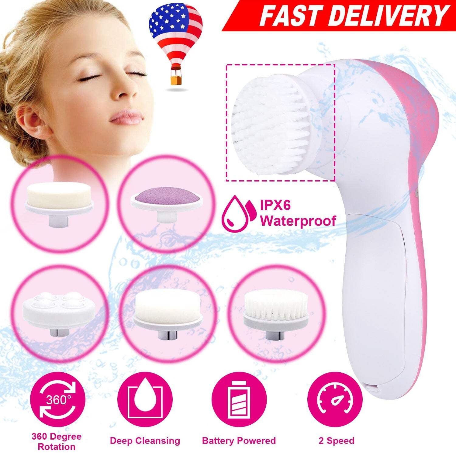 Facial Cleansing Brush Waterproof Face Spin Cleaning Brush with 5 Brush Heads De