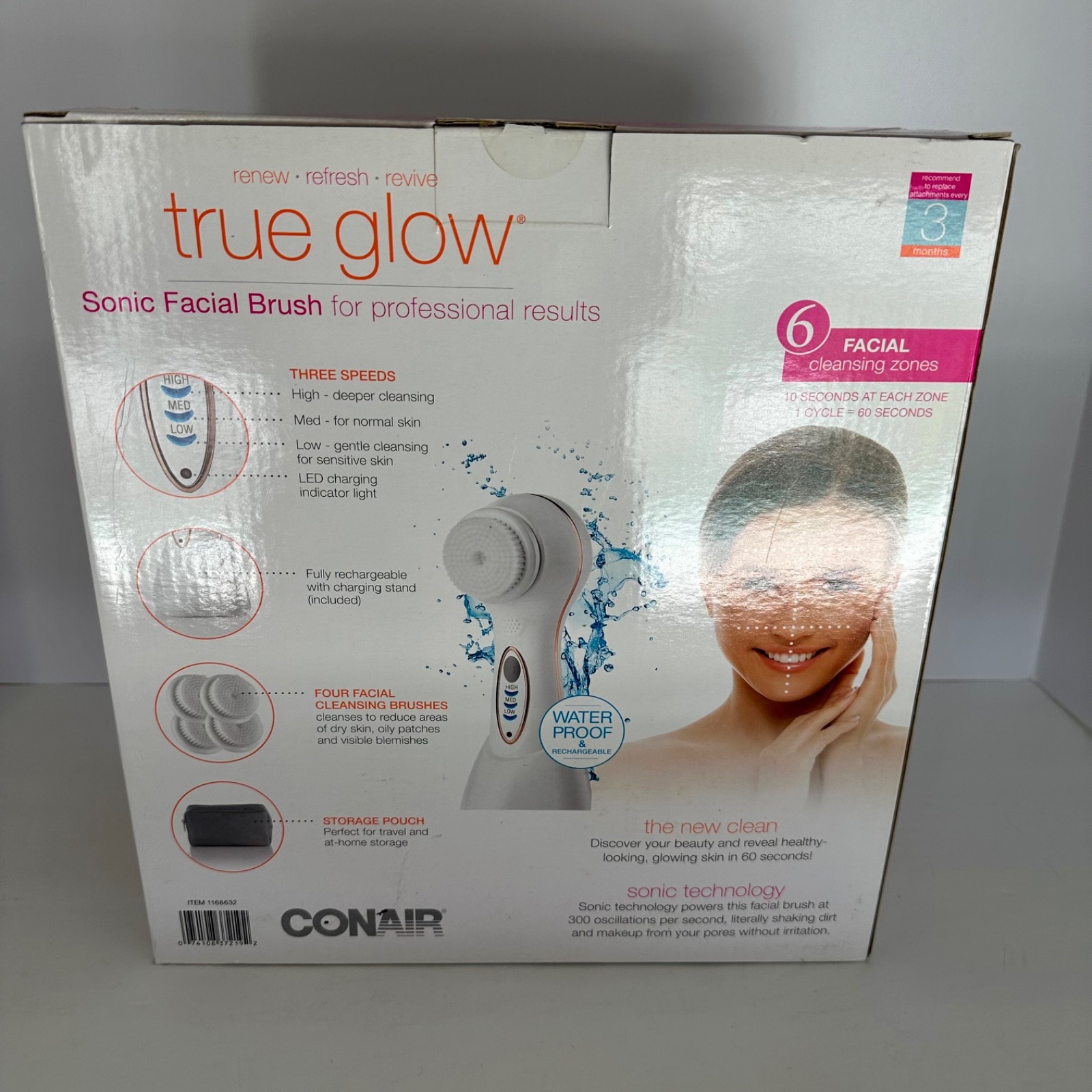 Conair True Glow Sonic Facial Brush Kit Waterproof Rechargeable SFB4CST New