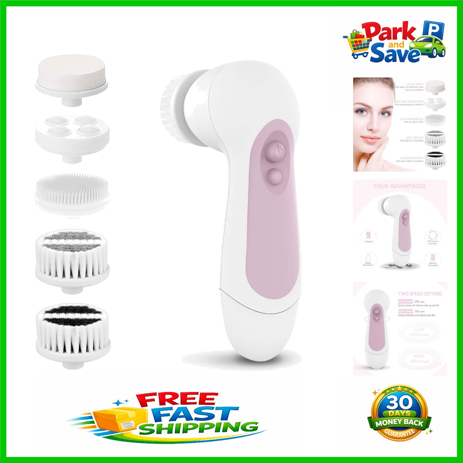 Compact Facial Cleansing Brush Set – Blush Color with 5 Interchangeable Heads