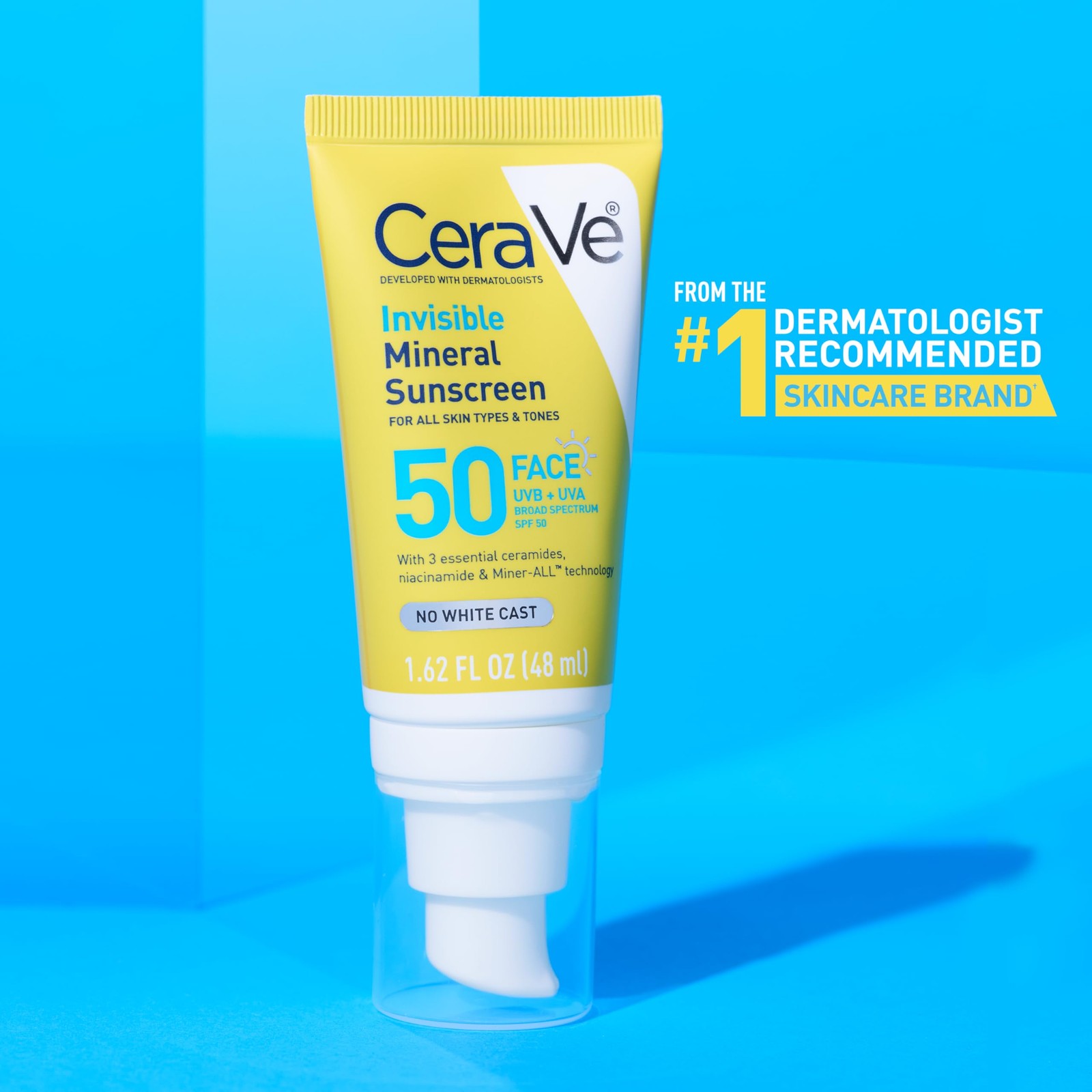 CeraVe Invisible Mineral Sunscreen SPF 50, Face 1.62 Fl Oz (Pack of 1), White