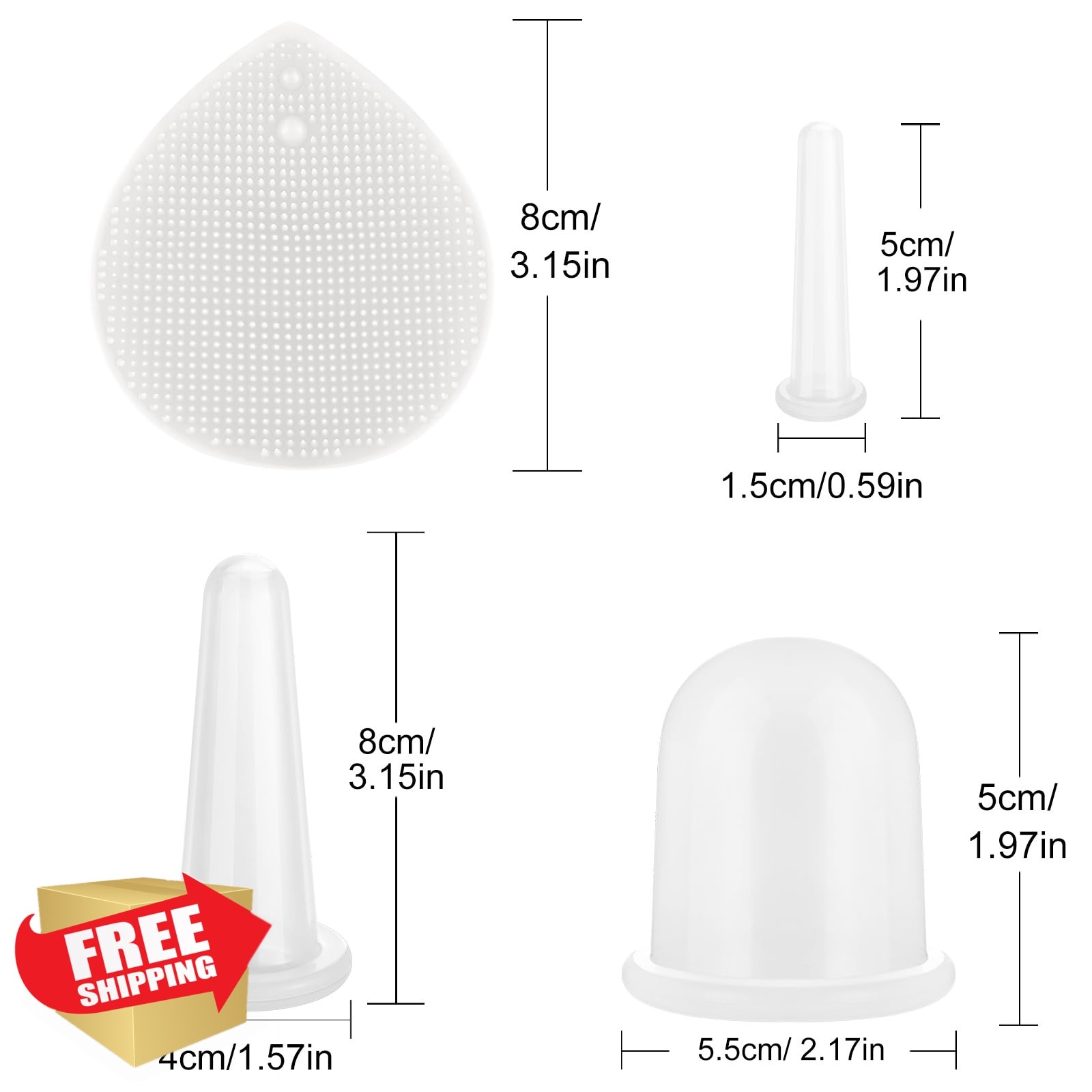 BBTO Clear Silicone Facial Cupping Set 6 Cups Brush