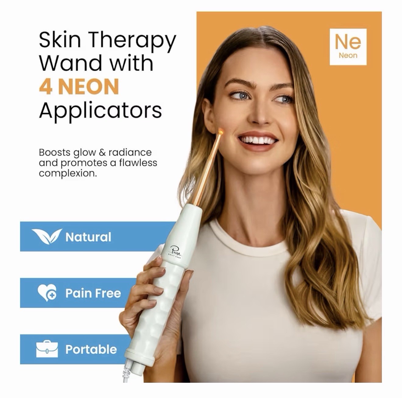 Pure Daily Care NuDerma Skin Therapy Wand White w/ 4 Neon Applicators, Portable