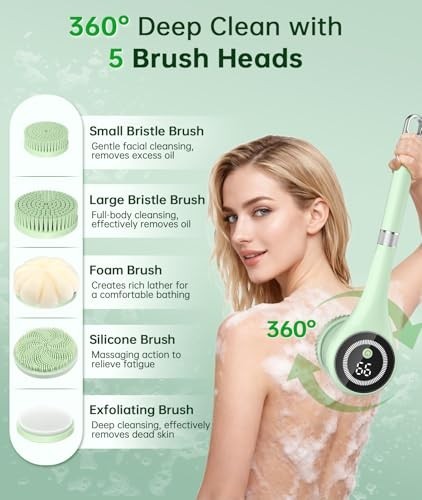 Waterproof Electric Body Brush with Long Handle, 5 Heads, 3-Speed Rechargeable S