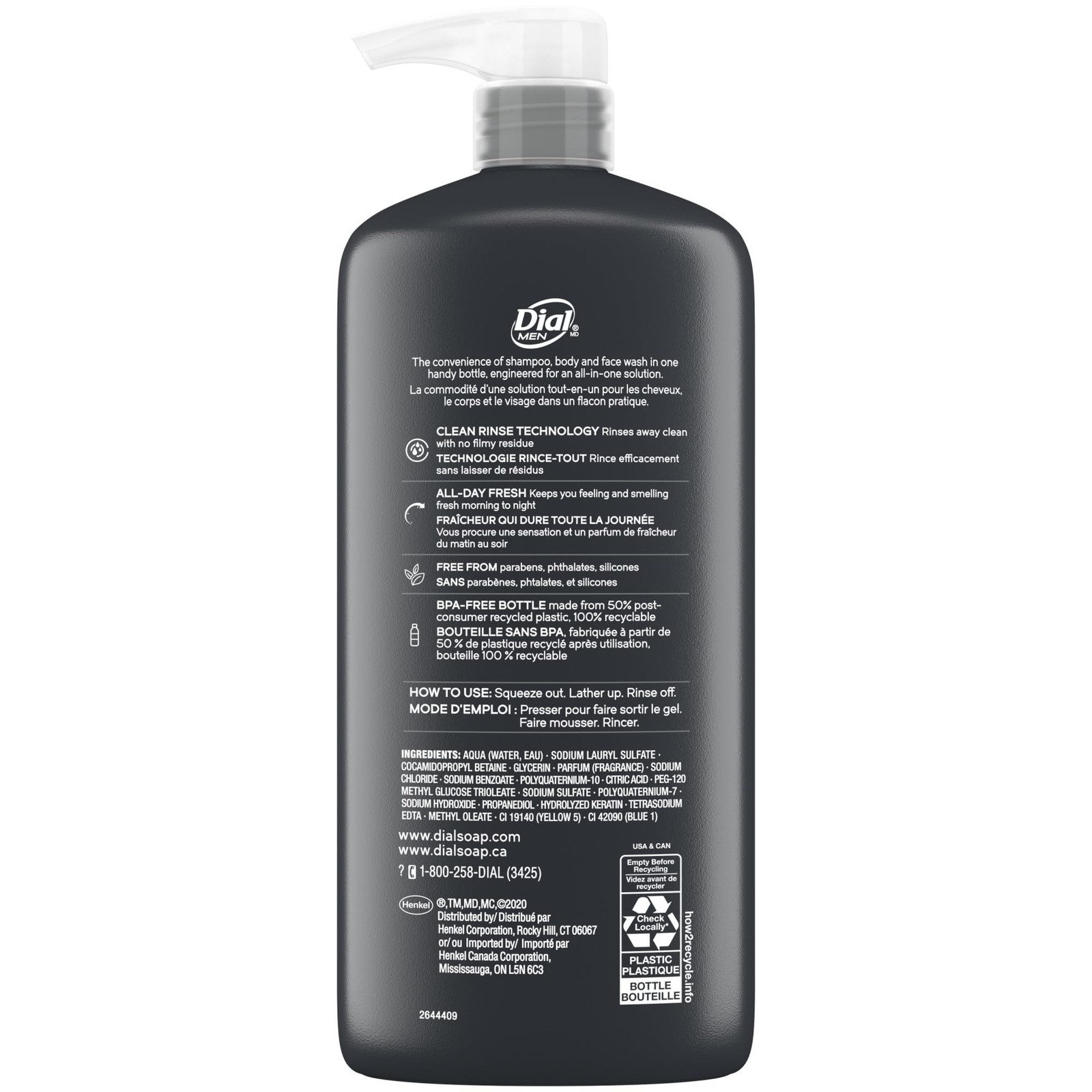 Dial Men 3in1 Body, Hair and Face Wash, Recharge, 69 fl 23 Fl Oz (Pack of 3)